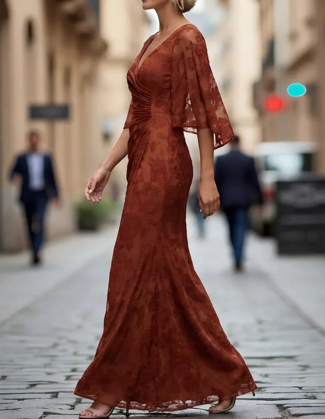 Romantic Sheath V-Neck Lace Bell-Sleeve Ruched Floor-Length Mother of the Bride Dress