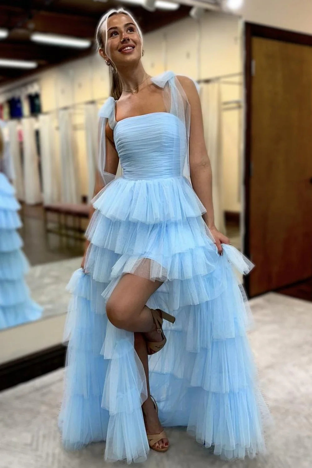 Romantic Square Neck Tulle Strap Tiered Ruffled Tulle Prom Dress with Lace Up Back and High Slit