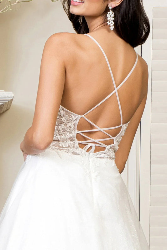 Romantic A-Line Deep V-Neck Sleeveless Glitter Lace White Floor Wedding Bridal Gown