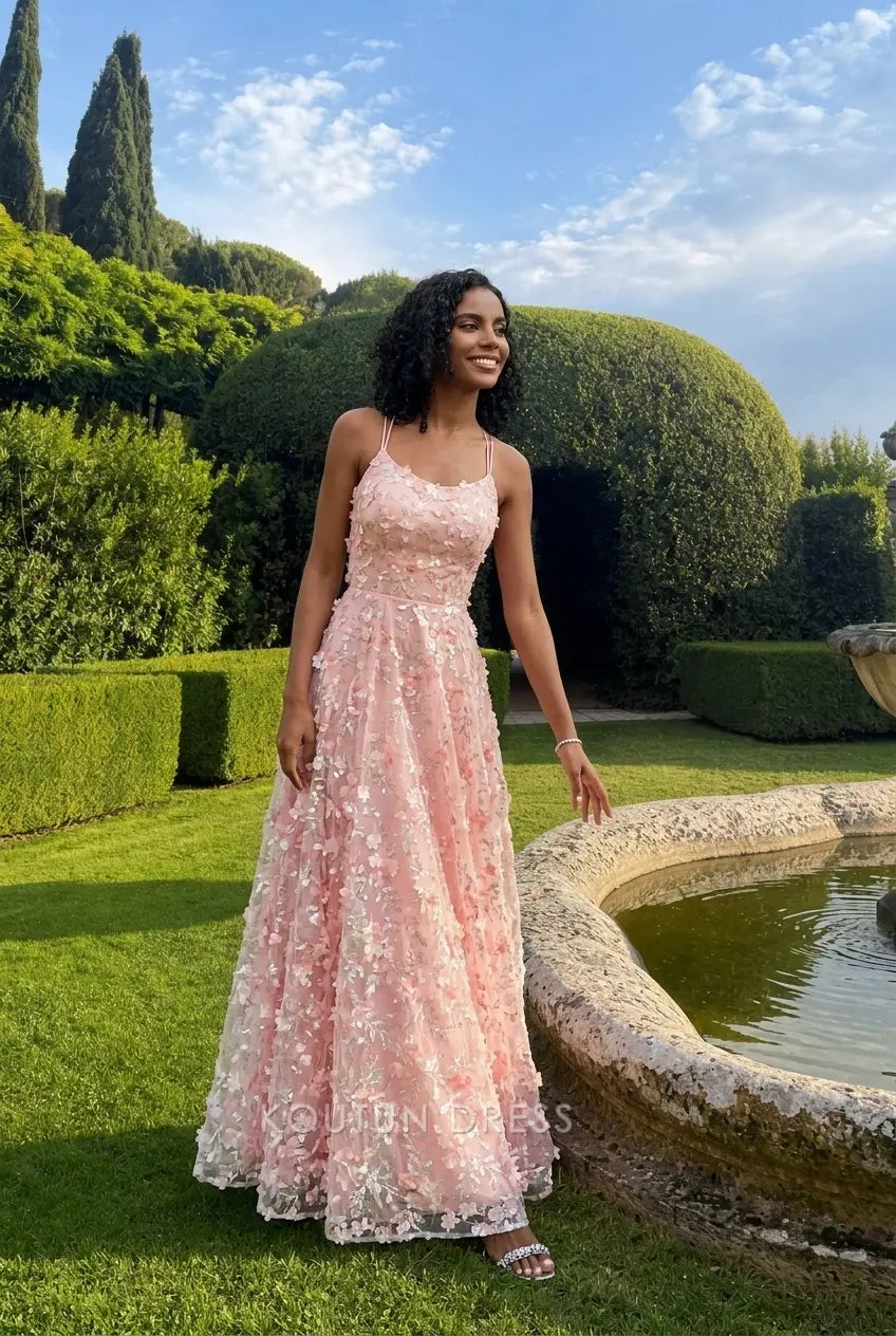 Romantic A-Line Scoop Neck Sleeveless Floral Blush Pink Floor-Length Prom Gown