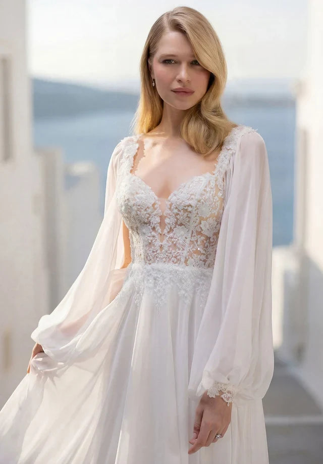 Romantic A-Line Sweetheart Long-Sleeve Boho Backless White Floor-Length Wedding Dresses Bridal