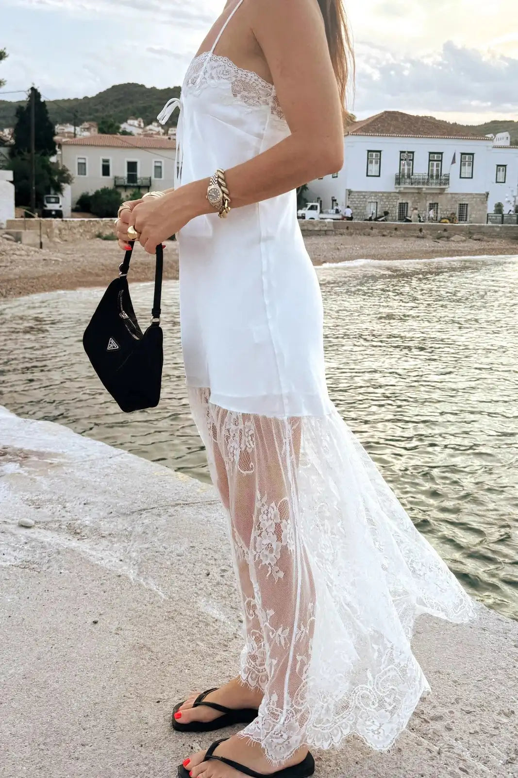 Romantic Slip Strappy Sleeveless Sheer Patchwork White Maxi Prom Dresses Gown