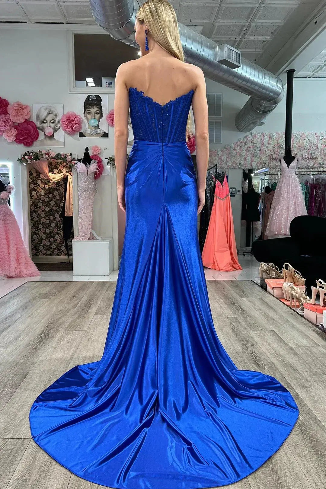 Royal Blue Strapless Satin Mermaid Prom Dress with Beaded Corset Bodice and High Slit for Formal Events and Prom Nights