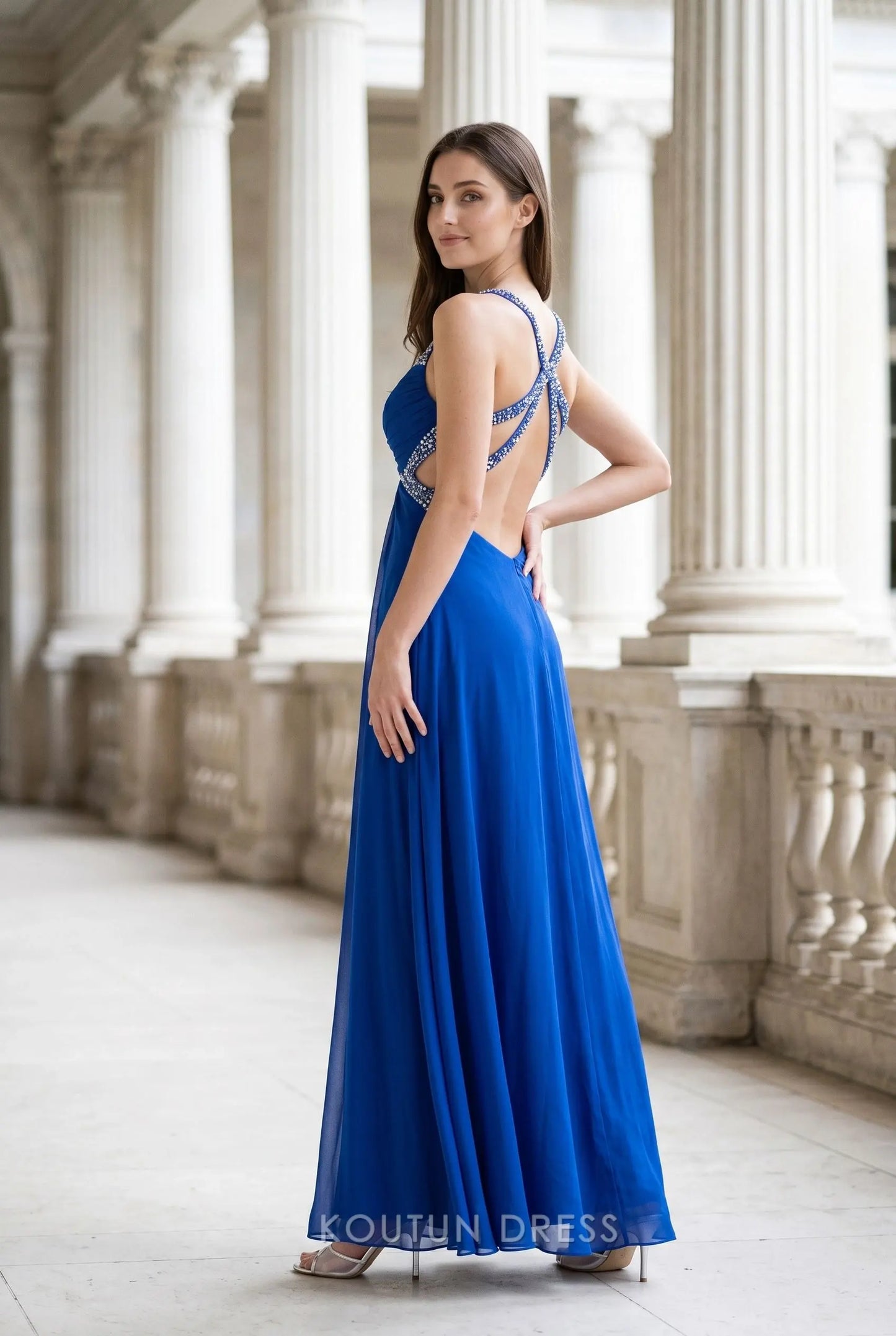 Royal Blue V Neck Twist Bust Rhinestone Embellished Cutout Open Back Chiffon A Line Long Prom Dress with Train