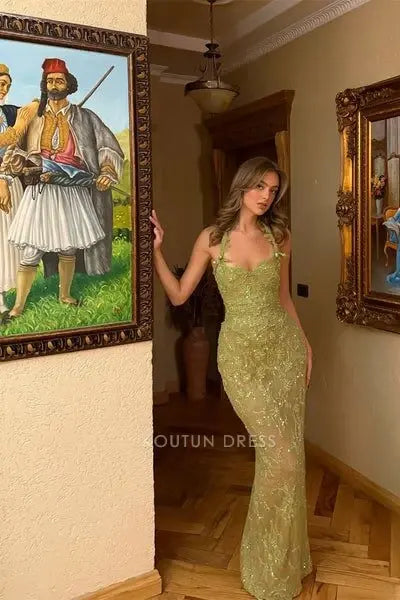 Sage Green Halter Neck Floral Lace Sequin Embellished Mermaid Floor Length Prom Dress