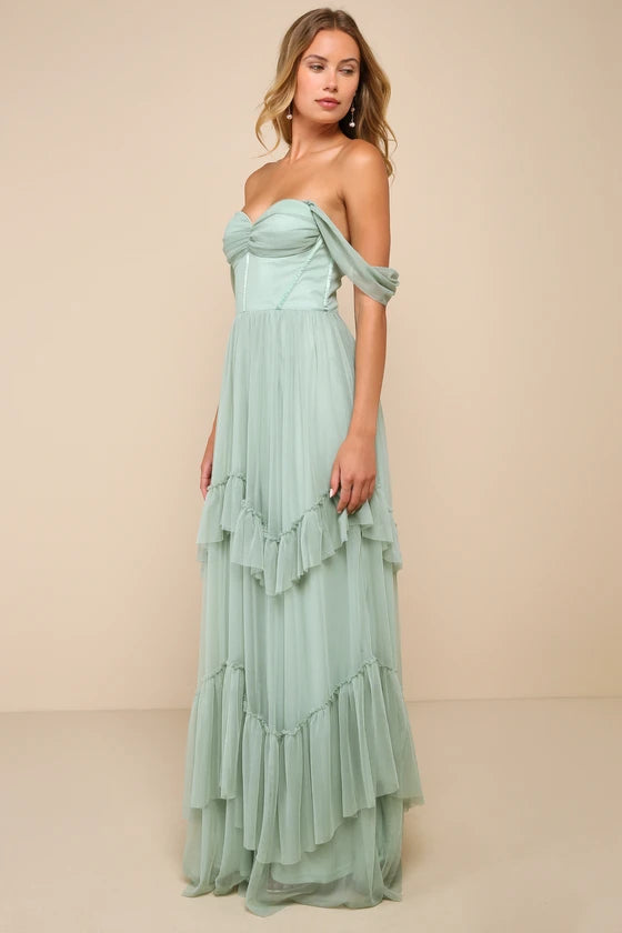 Sage Green Off The Shoulder Prom Dress With Corset Bodice Tiered Ruffle Tulle And A Line Formal Prom Dress