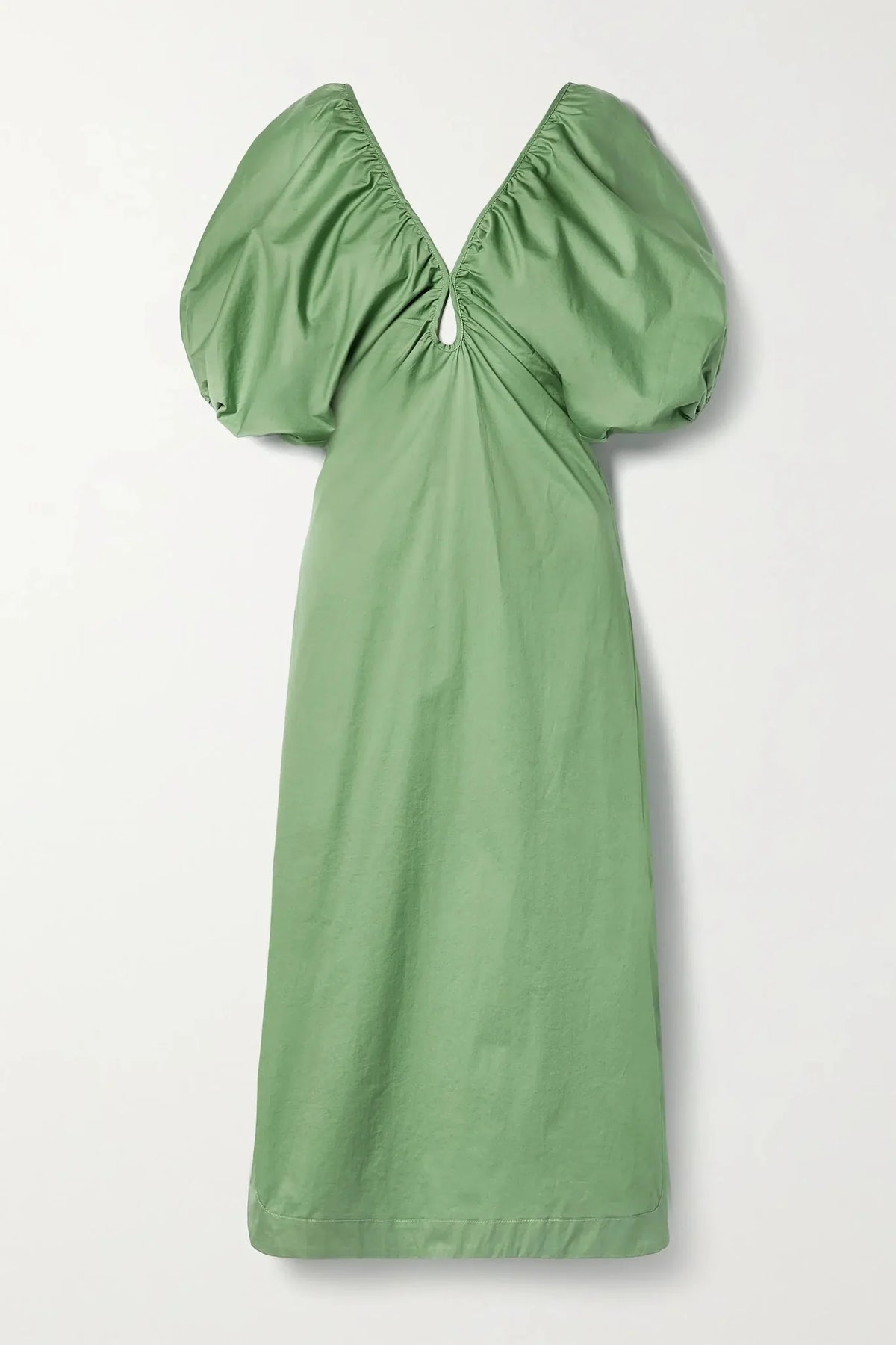 Sage Green Puff Sleeve Midi Evening Dress V Neck Keyhole Cutout Smocked Waist Side Slit Evening Gown