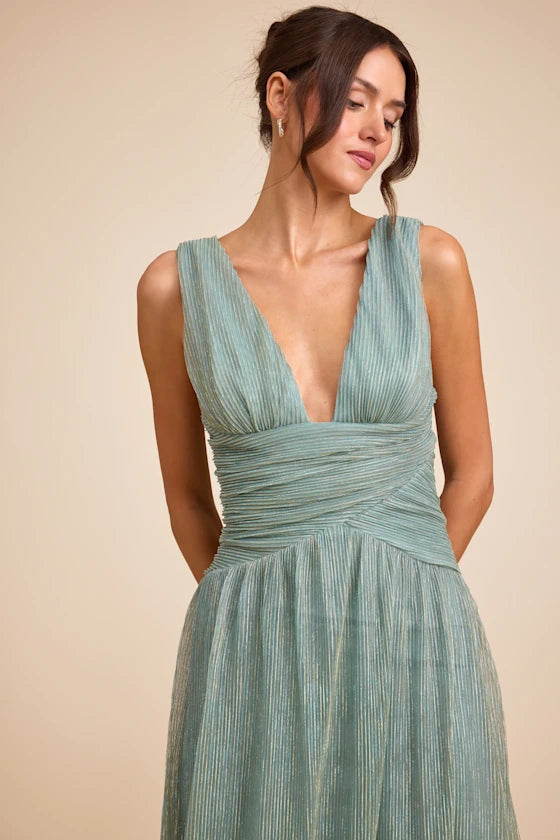 Sage Green Spaghetti Strap Prom Dress With Plunging V Neck Ruched Bodice And A Line Lurex Formal Prom Dress