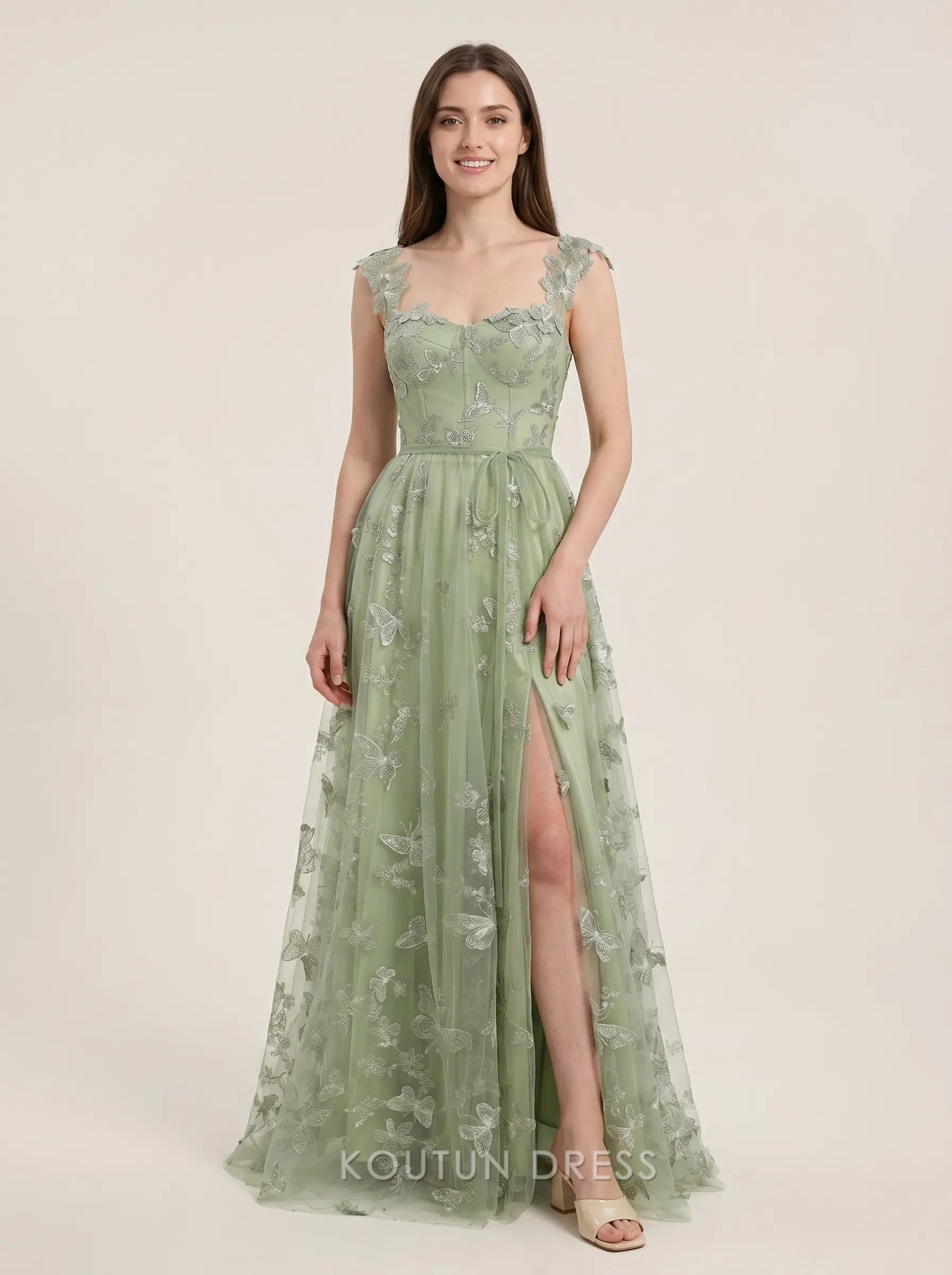 sage green high low dress Sweetheart Neck Butterfly Applique Corset Tulle A Line – Koutun Lucy Cinched Waist Flowy boho wedding dress off shoulder Size:2-3Y low scalloped hem offer