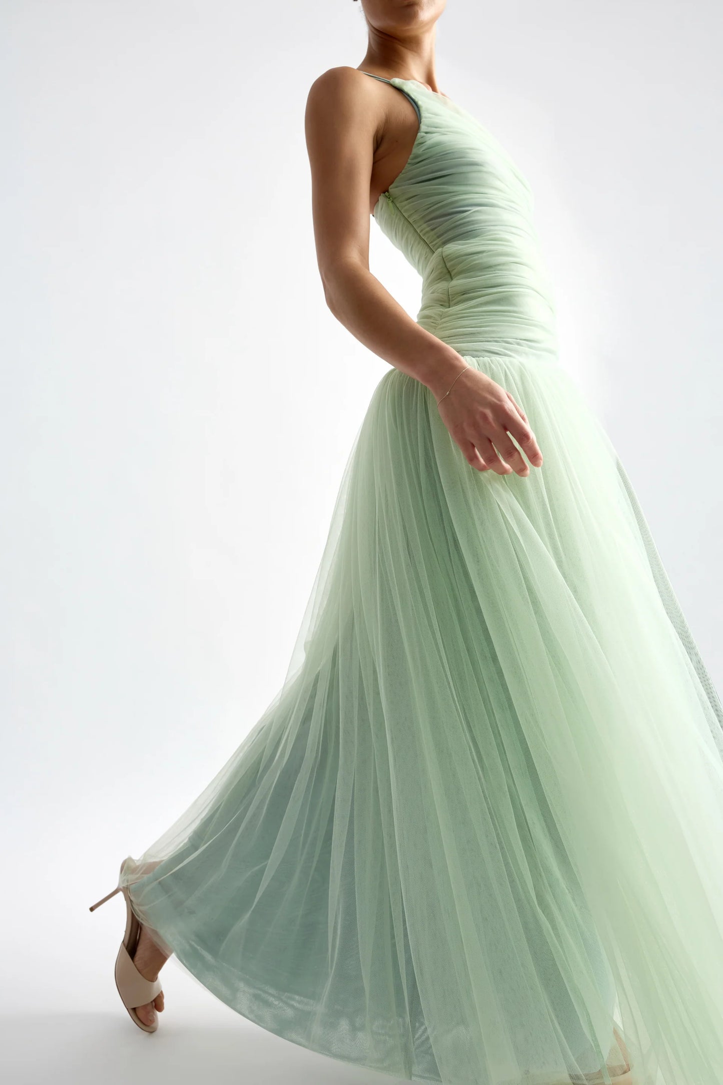 Sage Green Tulle One-Shoulder Ruched Bodice Maxi Prom Dress