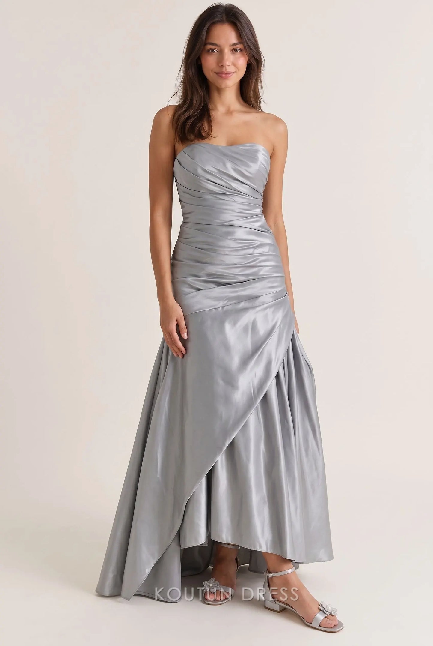 Silver Satin Strapless Sweetheart Neck Cross Ruched Waist Asymmetric Layered A Line Long Prom Dress