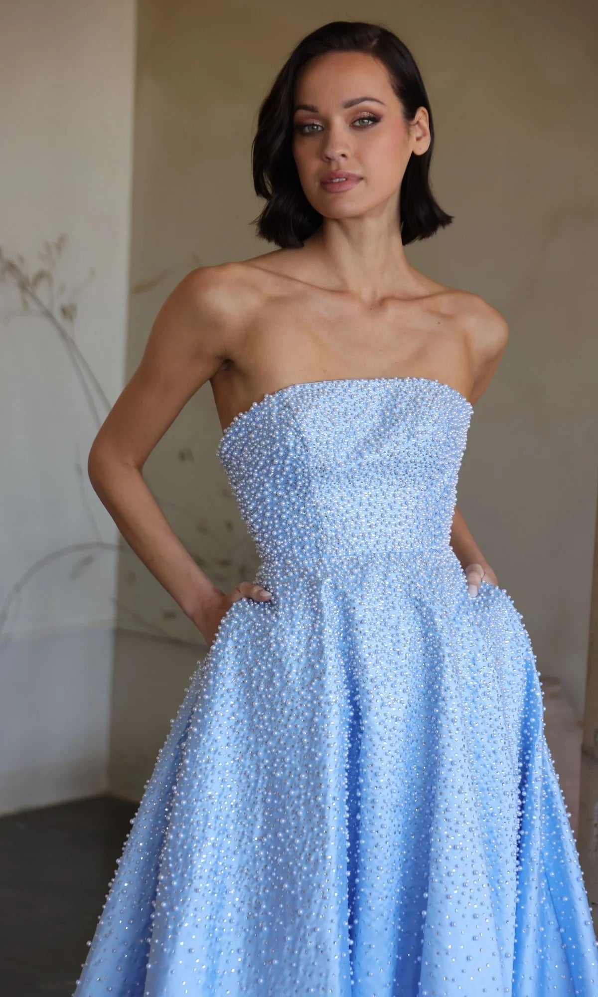 Sky Blue Satin Maxi Prom Dresses with Strapless Beaded Bodice Lace Up Back and Side Pockets