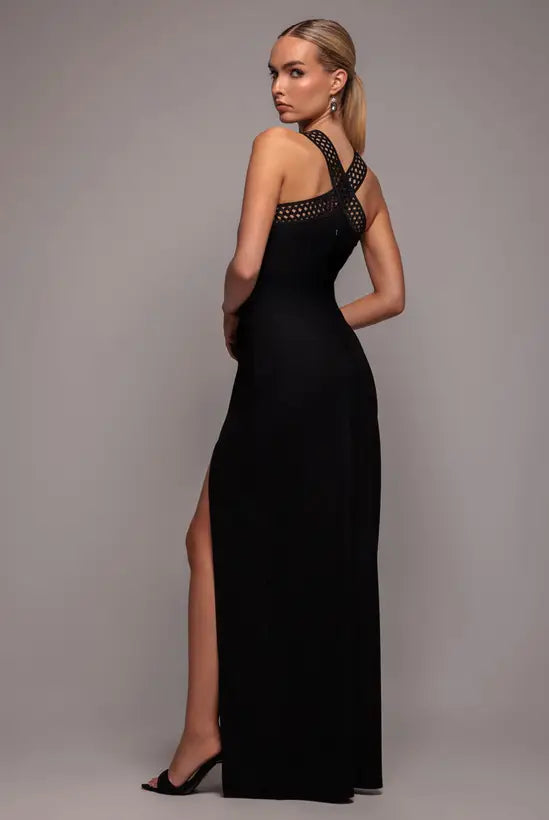 Sleek Black Halter Neck Maxi Dress with Crisscross Studded Detail and High Side Slit, Prom Dress
