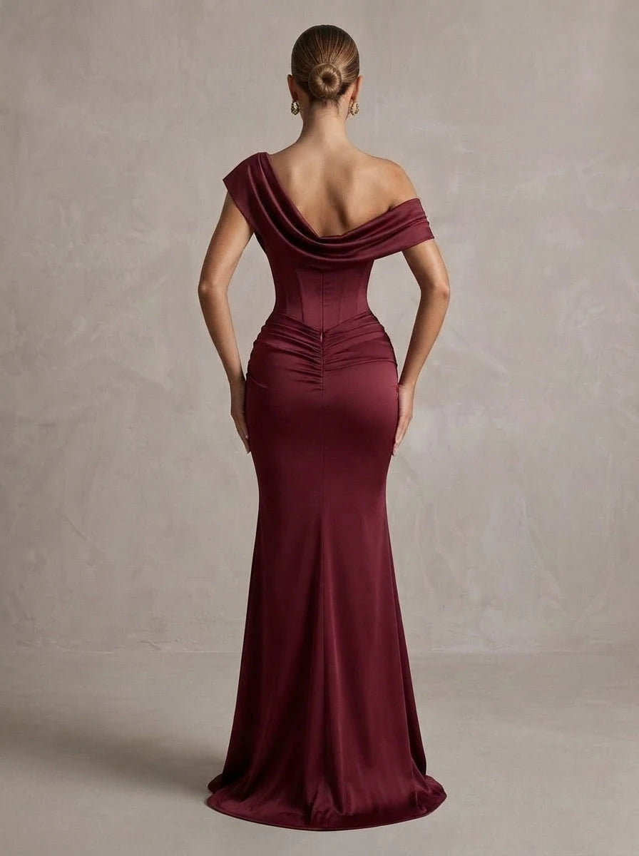 Sleek Mermaid One-Shoulder Sleeveless Corset-Ruched Burgundy Floor-Length Prom Dresses Womens Gown