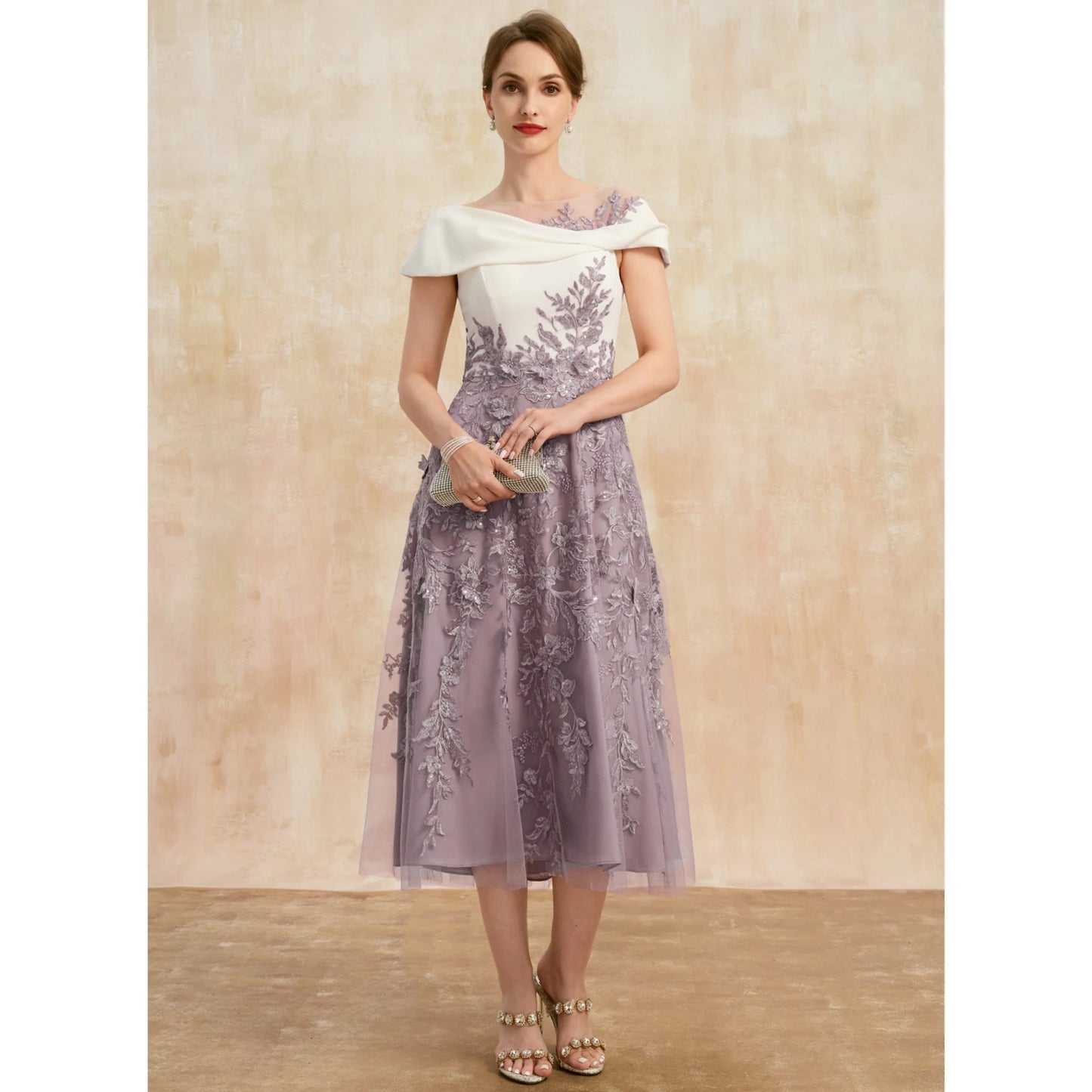Sophisticated A-Line Off-Shoulder Embroidered Chic Lavender Midi Mother of the Bride Dress