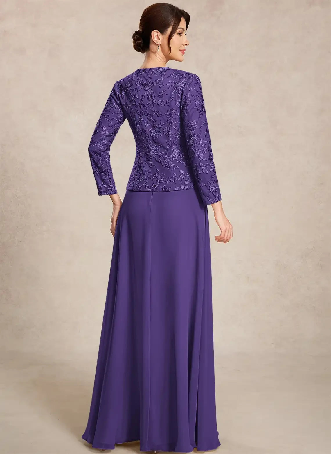Sophisticated A-Line Round Neck Long Sleeve Lace Plum Mother of the Bride Gown