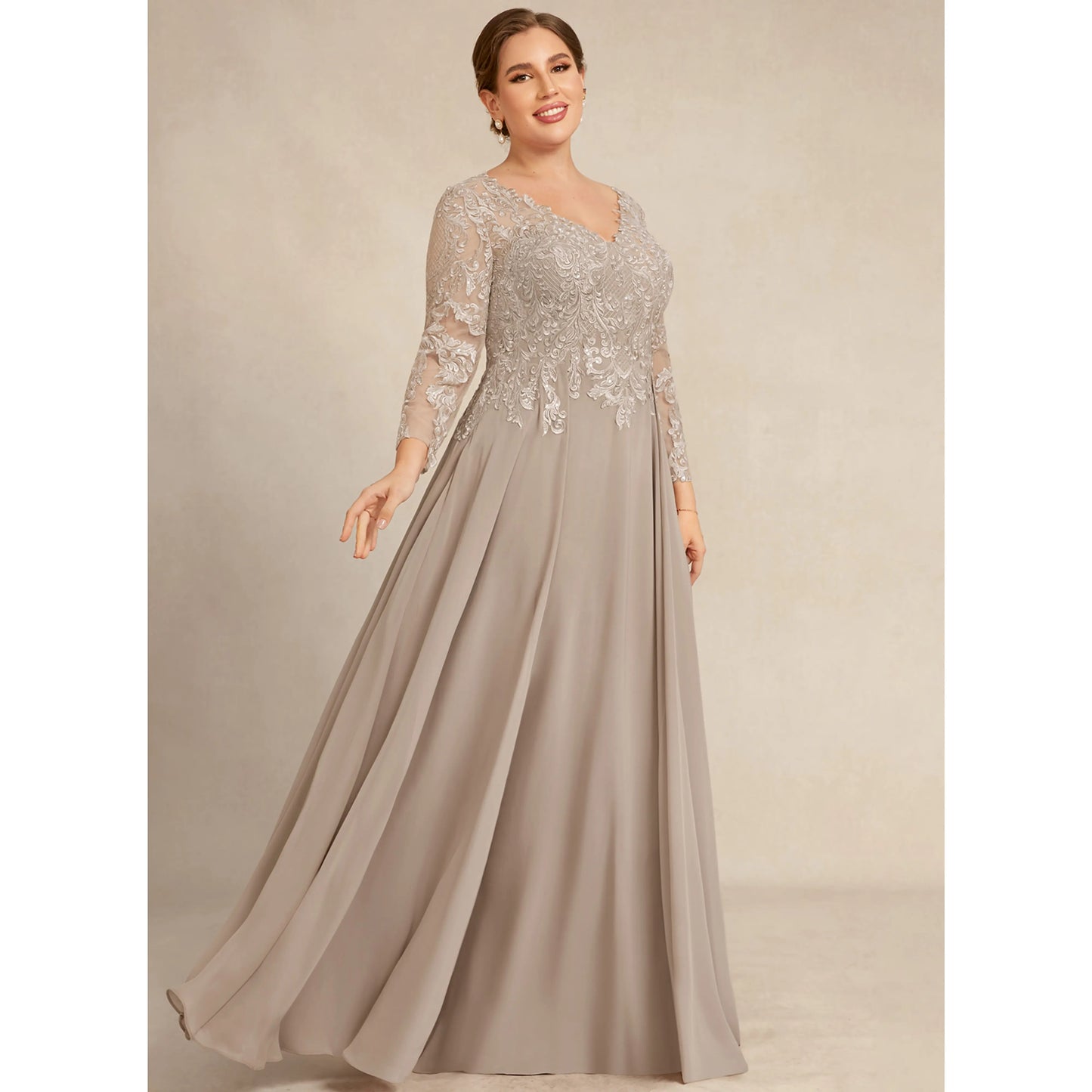 Sophisticated A-Line V-Neck Long Sleeve Embroidered Dusty Taupe Mother of the Bride Gown
