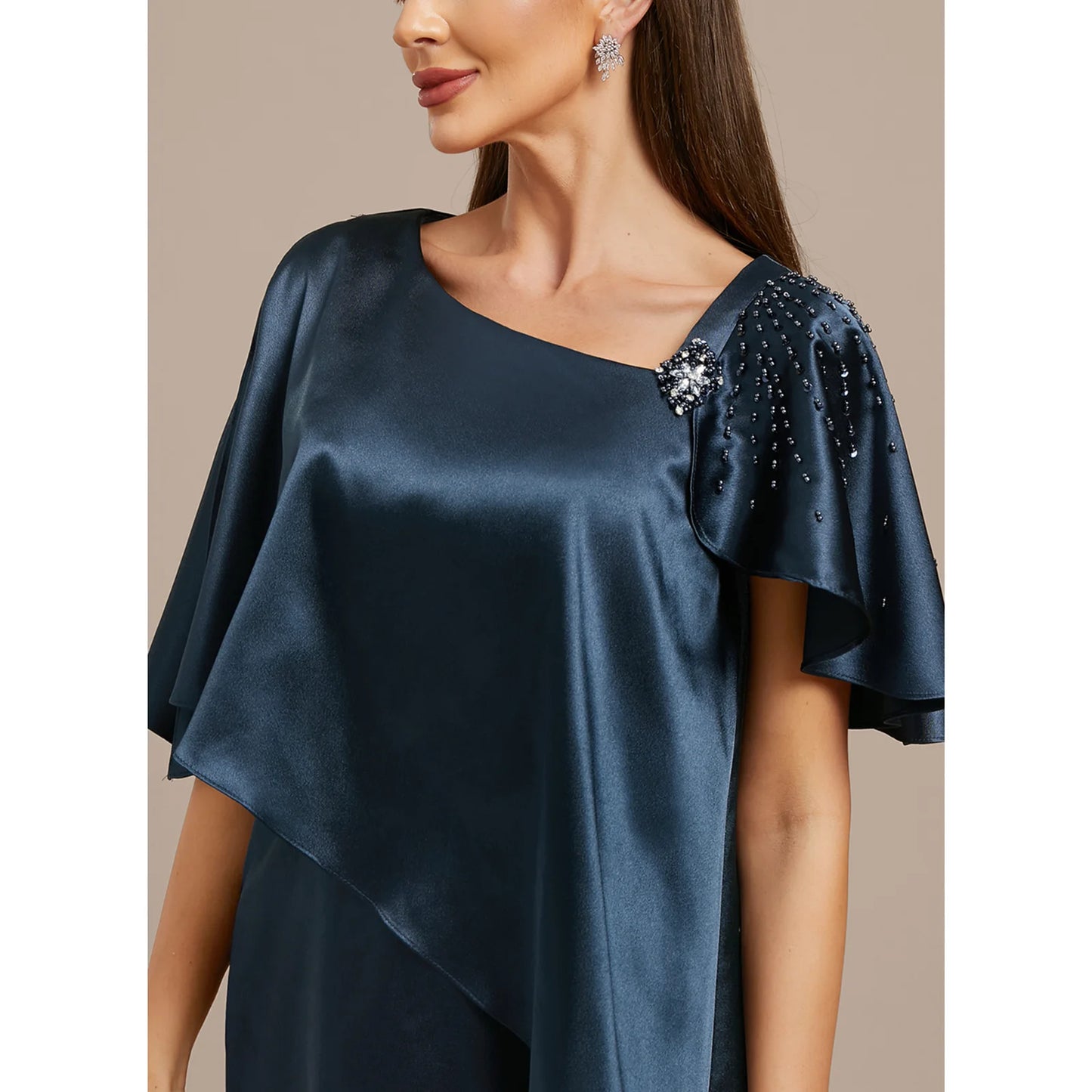 Sophisticated Sheath Asymmetrical Short Sleeve Beaded Draped Navy Blue Midi Mother of the Bride Dress