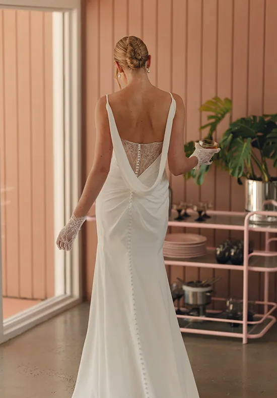 Spaghetti Strap Cowl Neck Satin Mermaid Wedding Dress Lace Draped Back High Slit Bridal Gown
