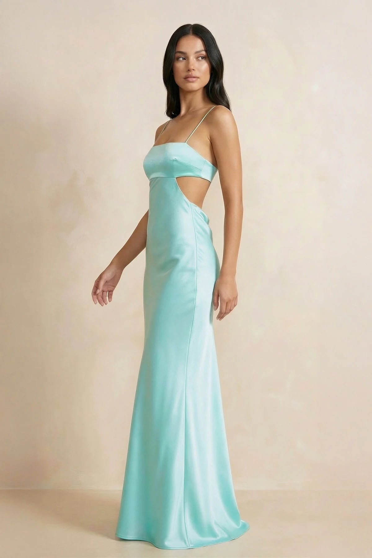 Spaghetti Strap Square Neck Cut Out Open Back Mermaid Floor Length Satin Formal Evening Gown Prom Dress