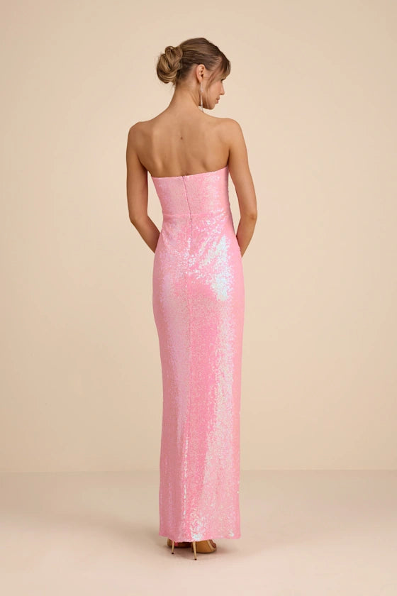 Sparkling Blush Pink Sequin Strapless Maxi Dress with Twist-Front Detail and High Side Slit, Prom Dresses