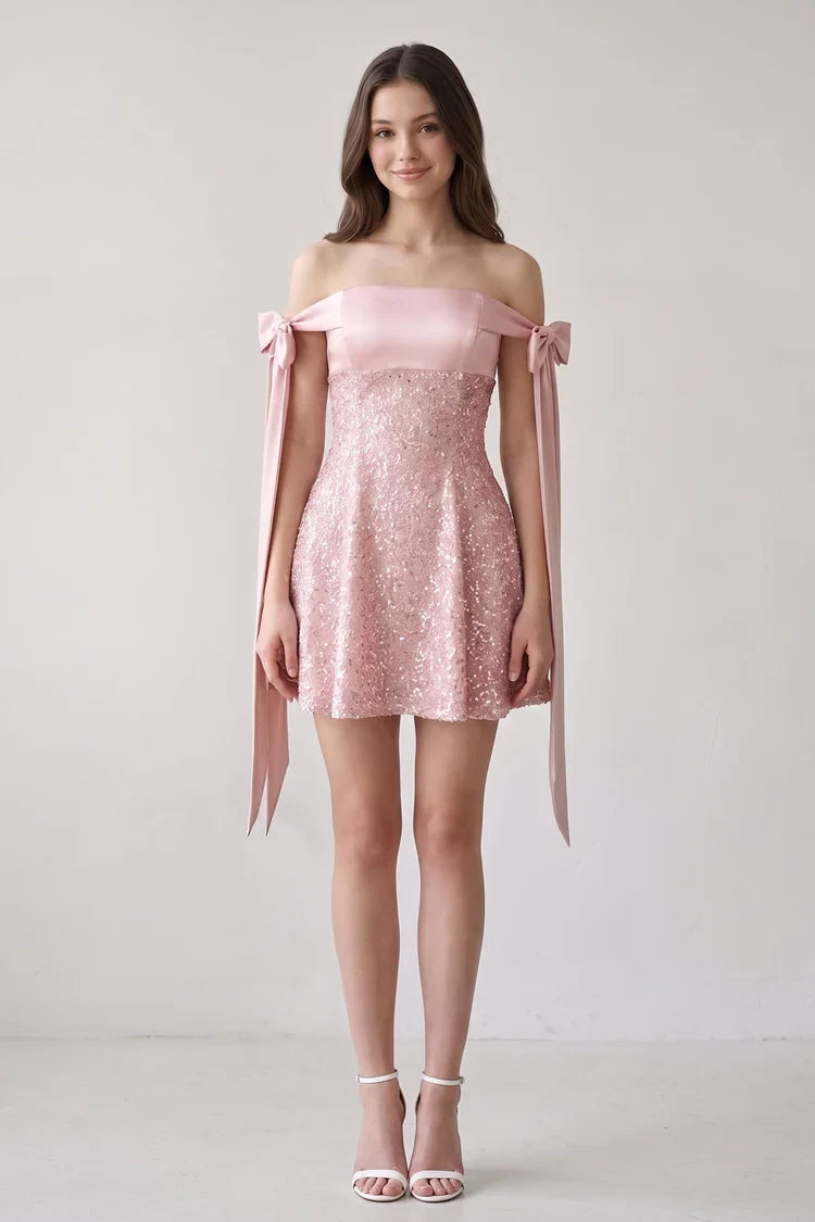 Sparkling A-Line Off-Shoulder Bow-Strap Sequin Mini Blush Pink Homecoming Dress