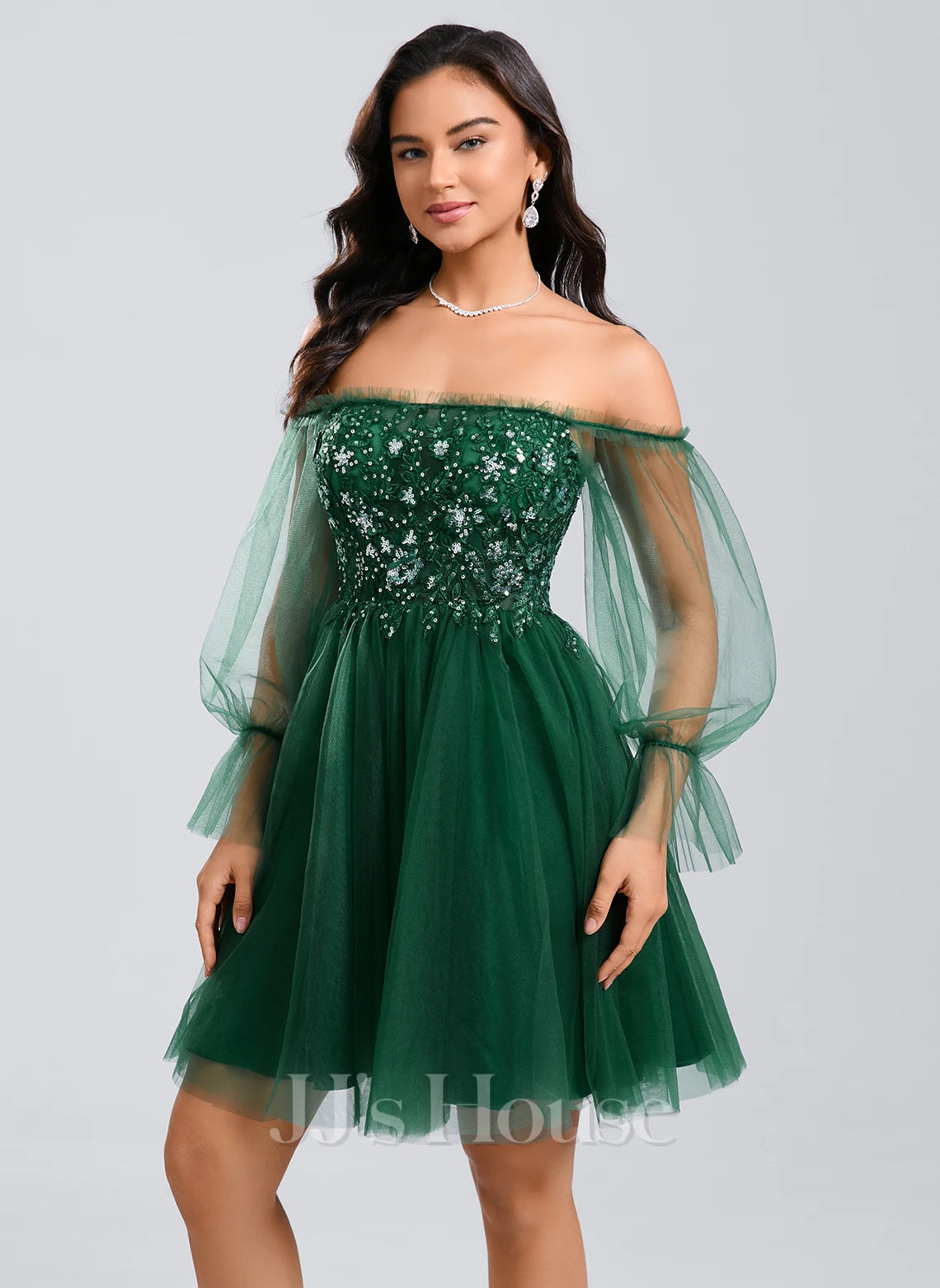 Sparkling A-Line Off-Shoulder Long Sleeve Sequin Tulle Emerald Green Short Homecoming Dress