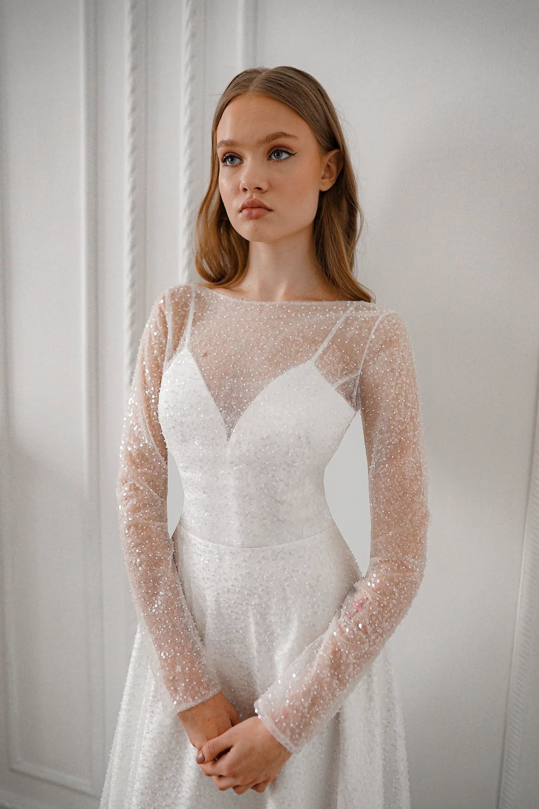 Sparkling A-Line Sweetheart Long Sleeve Shimmering White Floor-Length Wedding Gown