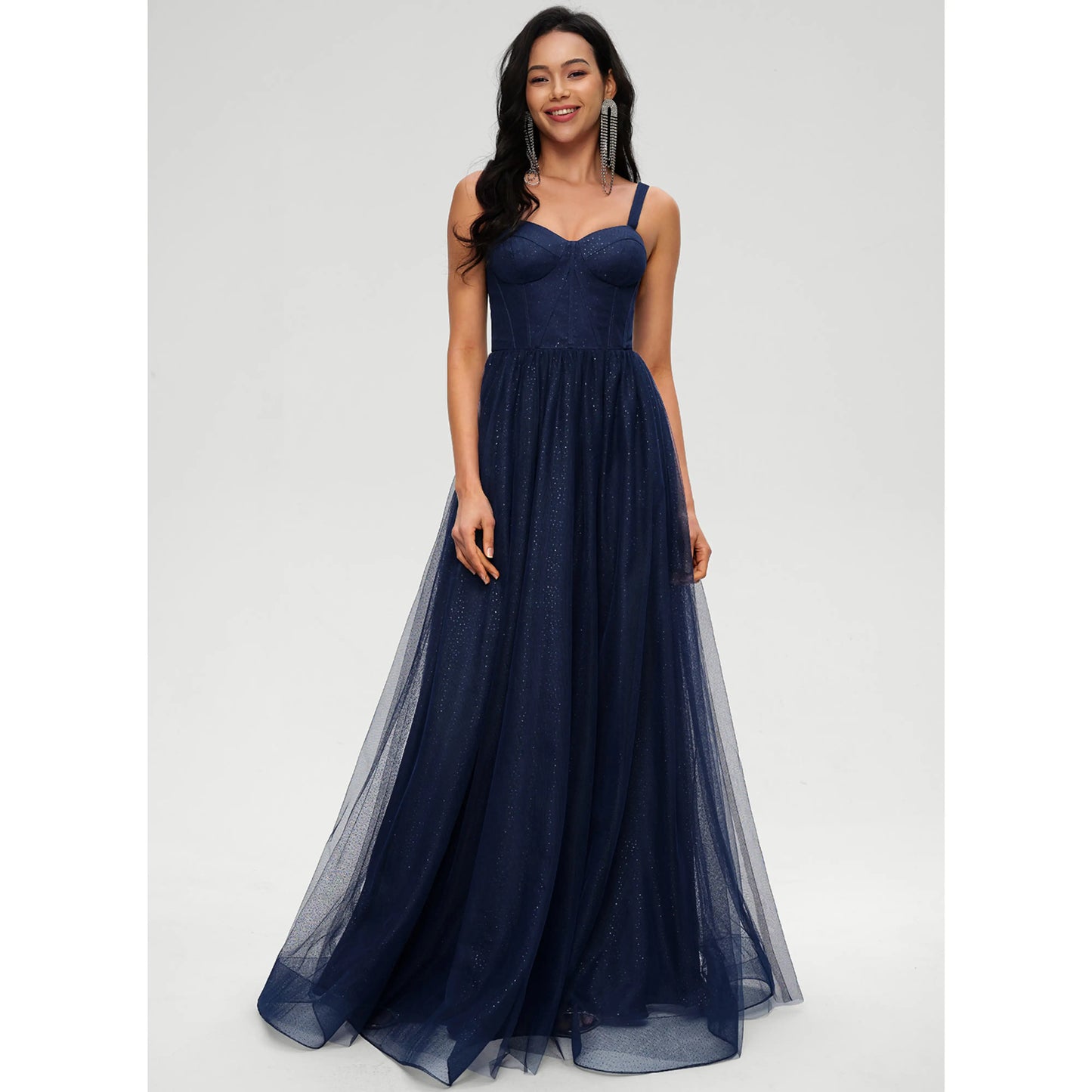 Sparkling A-Line Sweetheart Sleeveless Glittering Navy Blue Floor-Length Women's Prom Dress