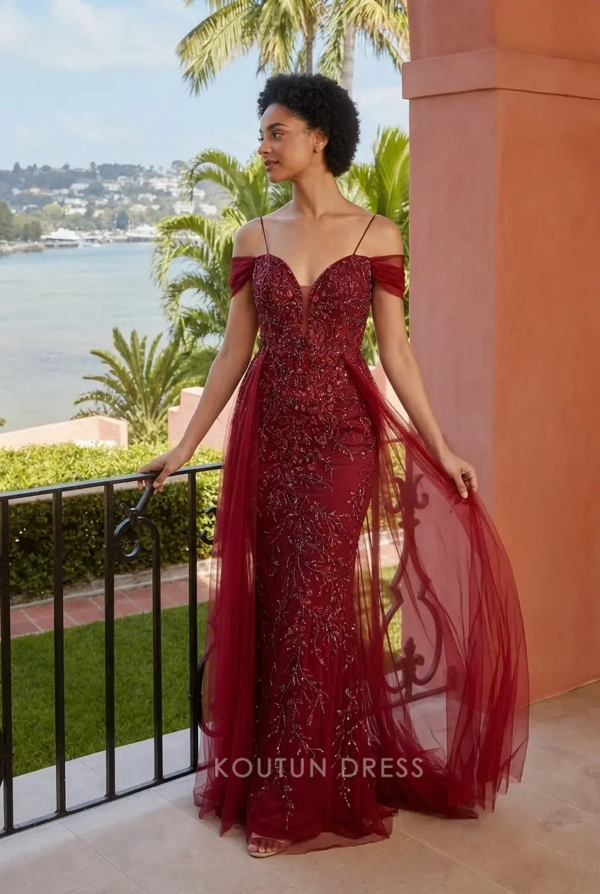Sparkling Mermaid Sweetheart Off-Shoulder Beaded Illusion Burgundy Floor-Length Prom Dresses Gown