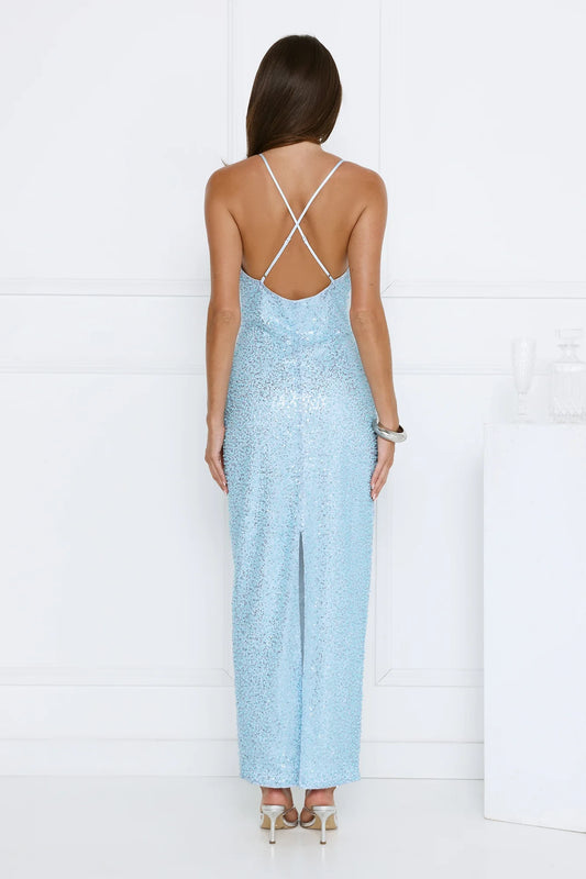 Sparkling Sheath Cowl Neck Sleeveless Sequin Backless Light Blue Prom Gown