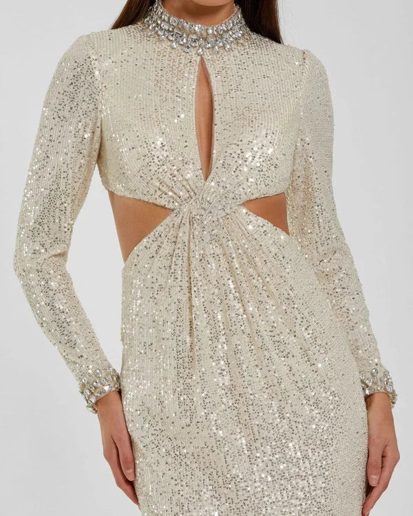 Sparkling Sheath High Neck Long Sleeve Sequin Cutout Nude-Silver Mother of the Bride Gown
