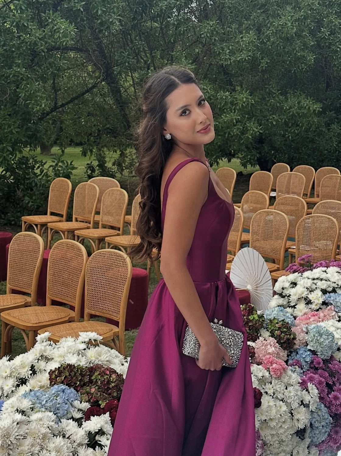 Square Neck Wide Strap Fitted Bodice Open Back Satin Ball Gown Train Prom Dresses