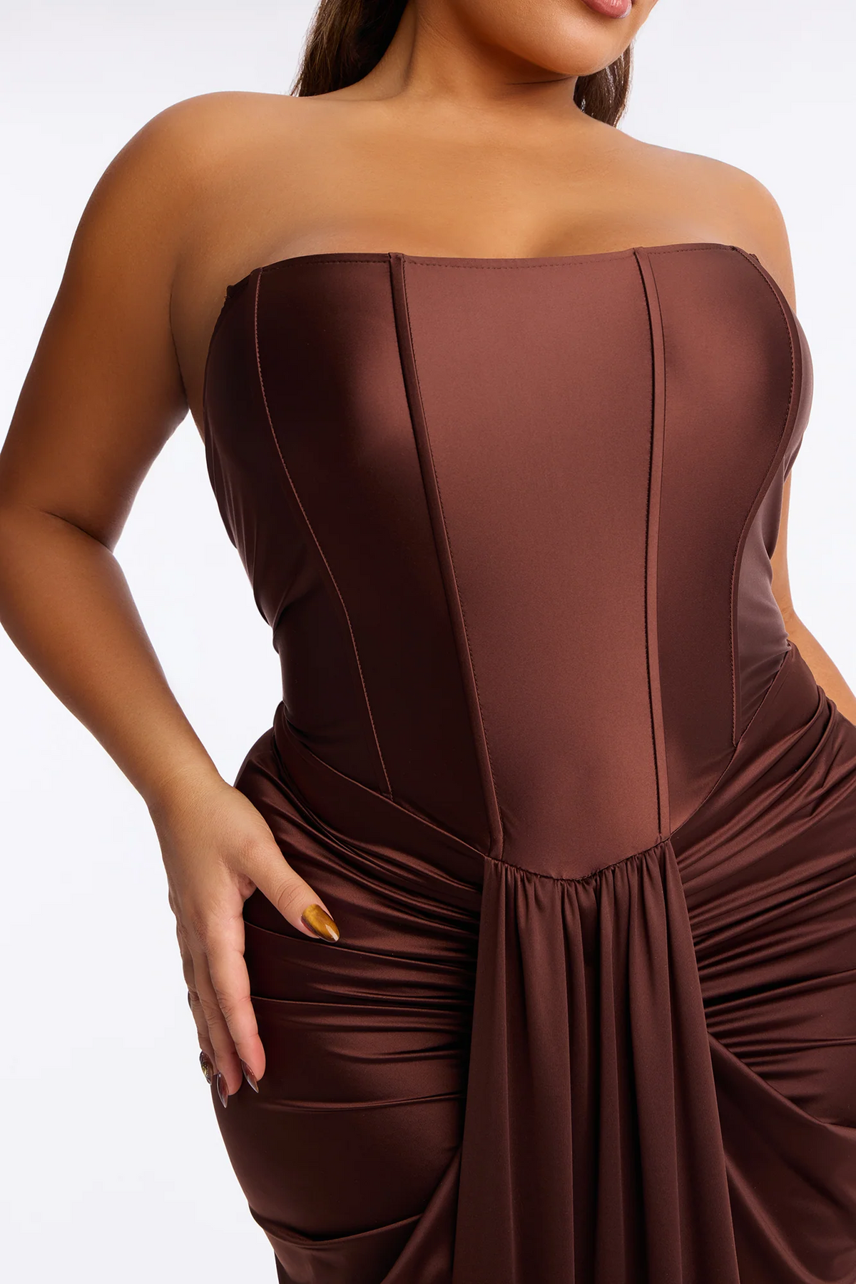 Strapless Corset Draped Satin Evening Dress