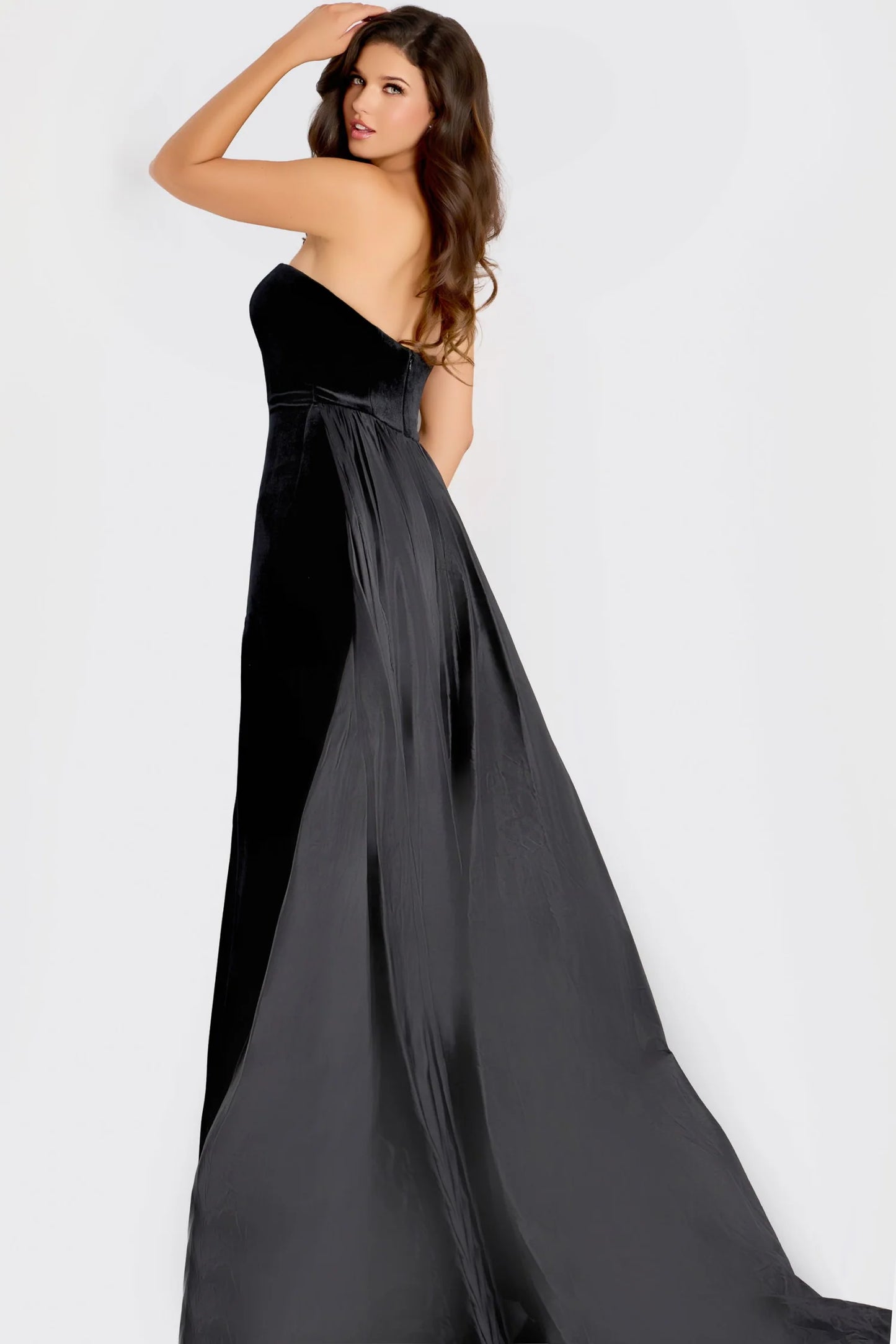 Strapless Sweetheart Crystal Embellished Cutout High Slit Black Velvet Taffeta Mermaid Cathedral Train Prom Dresses