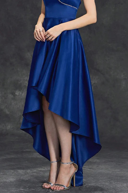 Strapless Sweetheart Royal Blue High-Low Satin Evening Dresses with Rhinestone Accent and Lace-Up Back