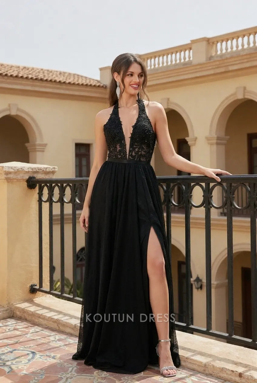 Stunning A-Line Halter Sleeveless Beaded High Slit Black Floor Prom Gown