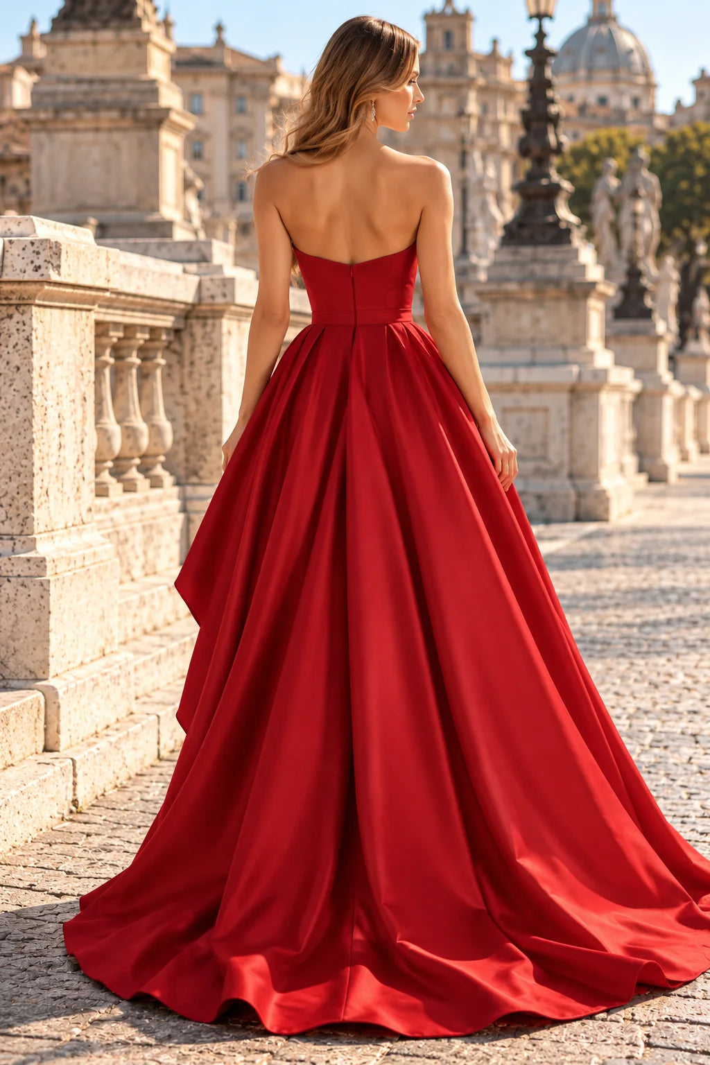 Stunning A-Line Sweetheart Strapless Tiered Ruffle Red High-Low Prom Dresses