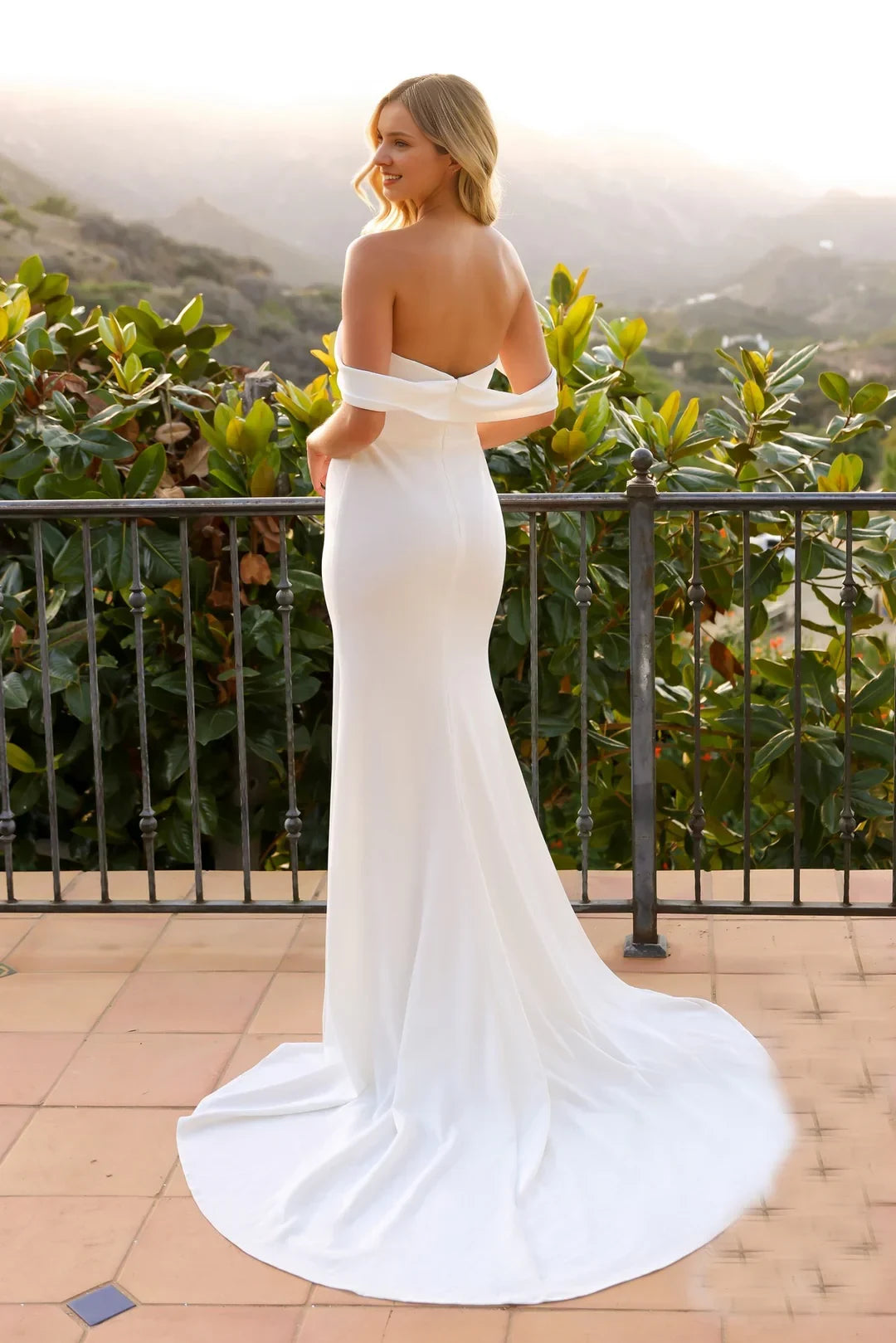 Stunning Mermaid Off-Shoulder Ruched Slit Ivory Floor-Length Wedding Gown