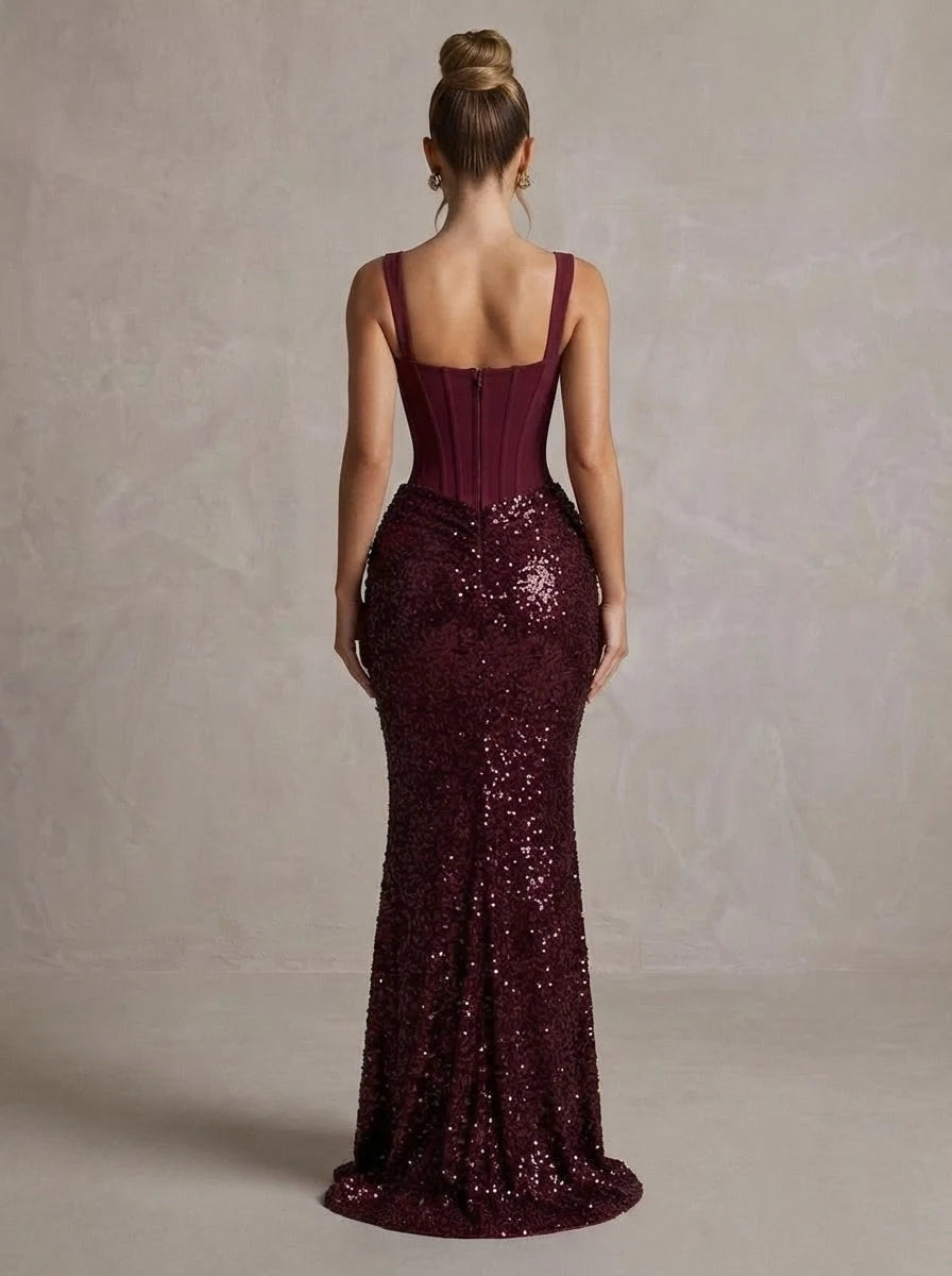 Stunning Mermaid Square-Neck Sleeveless Corset Sparkly Burgundy Maxi Prom Dresses Women