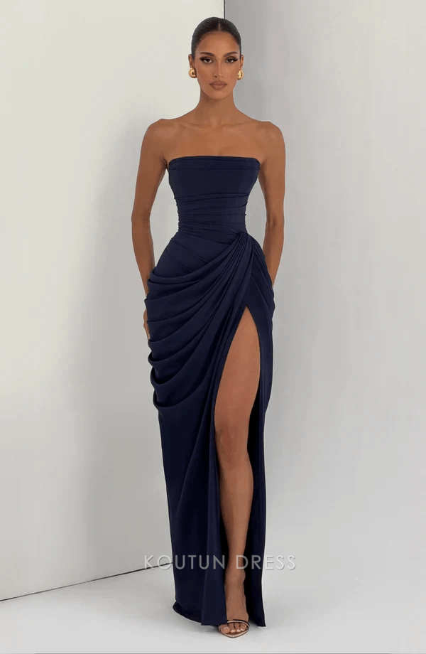 Stunning Strapless Ruched High Slit Navy Blue Floor-Length Prom Dress Women's Gown