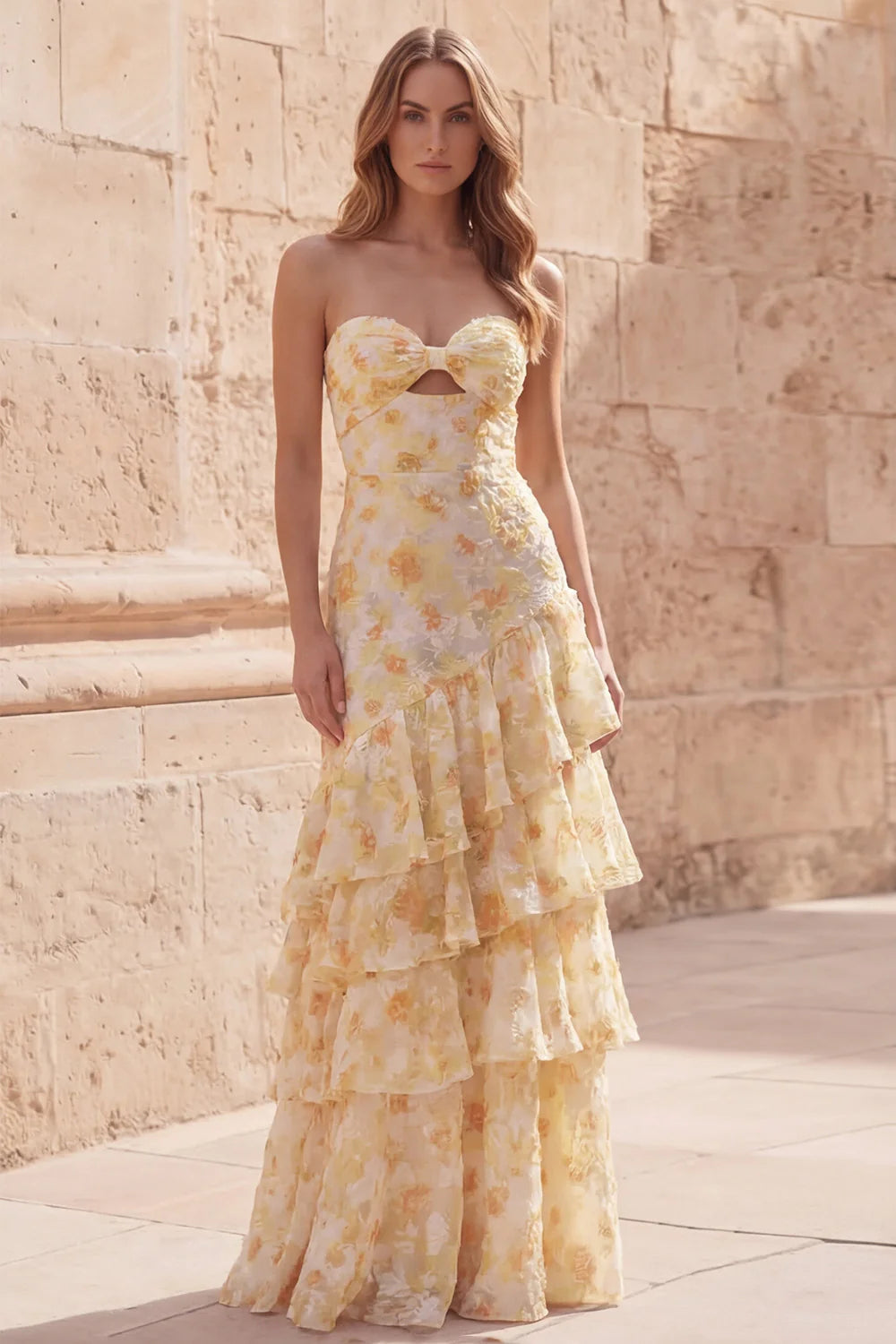 Sunny Strapless Watercolor Yellow Floral Print Tiered Ruffle Maxi Dres – Koutun Dress