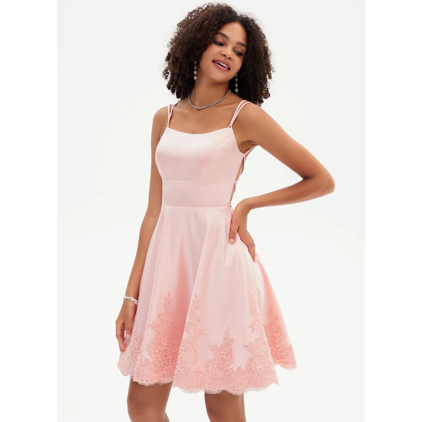 Sweet A-Line Square Neck Sleeveless Lace Back Pink Short Homecoming Dress