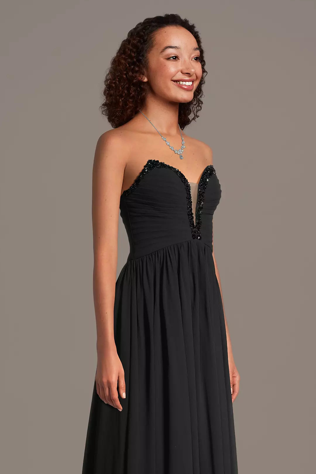 Sweetheart Neck Black Chiffon Evening Dresses with Beaded Neckline and Lace-Up Back