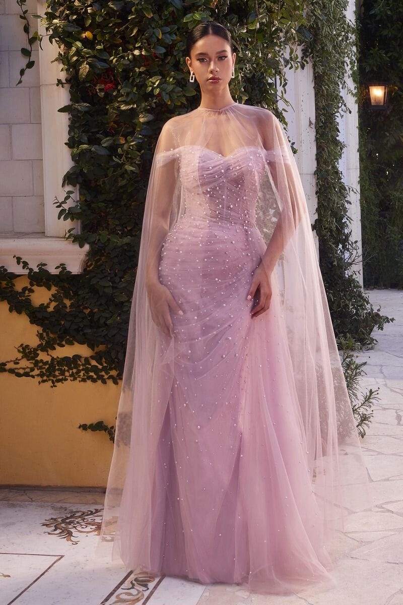Sweetheart Neck Blush Pink Tulle Evening Dresses with Pearl Beading and Capelet Sleeves