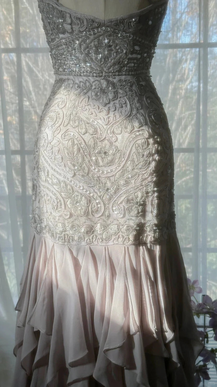 Taupe Spaghetti Strap Prom Dress With Crystal Beaded Lace Bodice Crisscross Back And Cascading Ruffle Chiffon Mermaid Formal Prom Dress