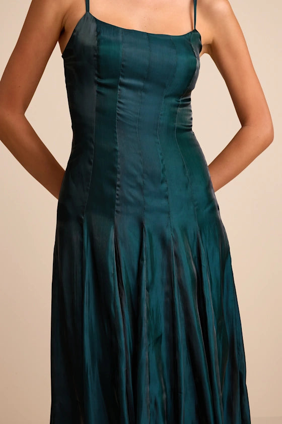 Teal Satin Square Neck Backless Flowy Maxi Prom Dress with Vertical Paneling