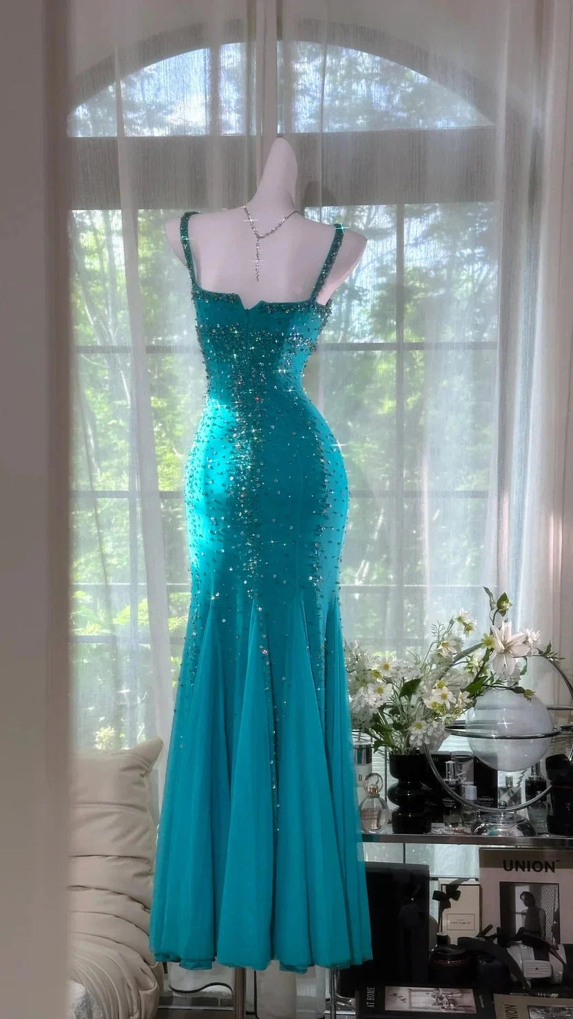 Teal Spaghetti Strap Prom Dress With Beaded Sequin And Tulle Mermaid Formal Prom Dress