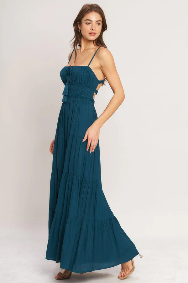 Teal Spaghetti Strap Square Neck Tiered Maxi Dress with Tassel Detail and Open Back Prom Dress