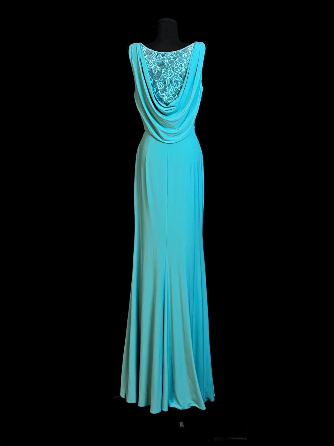 Turquoise Halter Prom Dress With Keyhole Neckline And Lace Cowl Back Jersey Formal Prom Dress